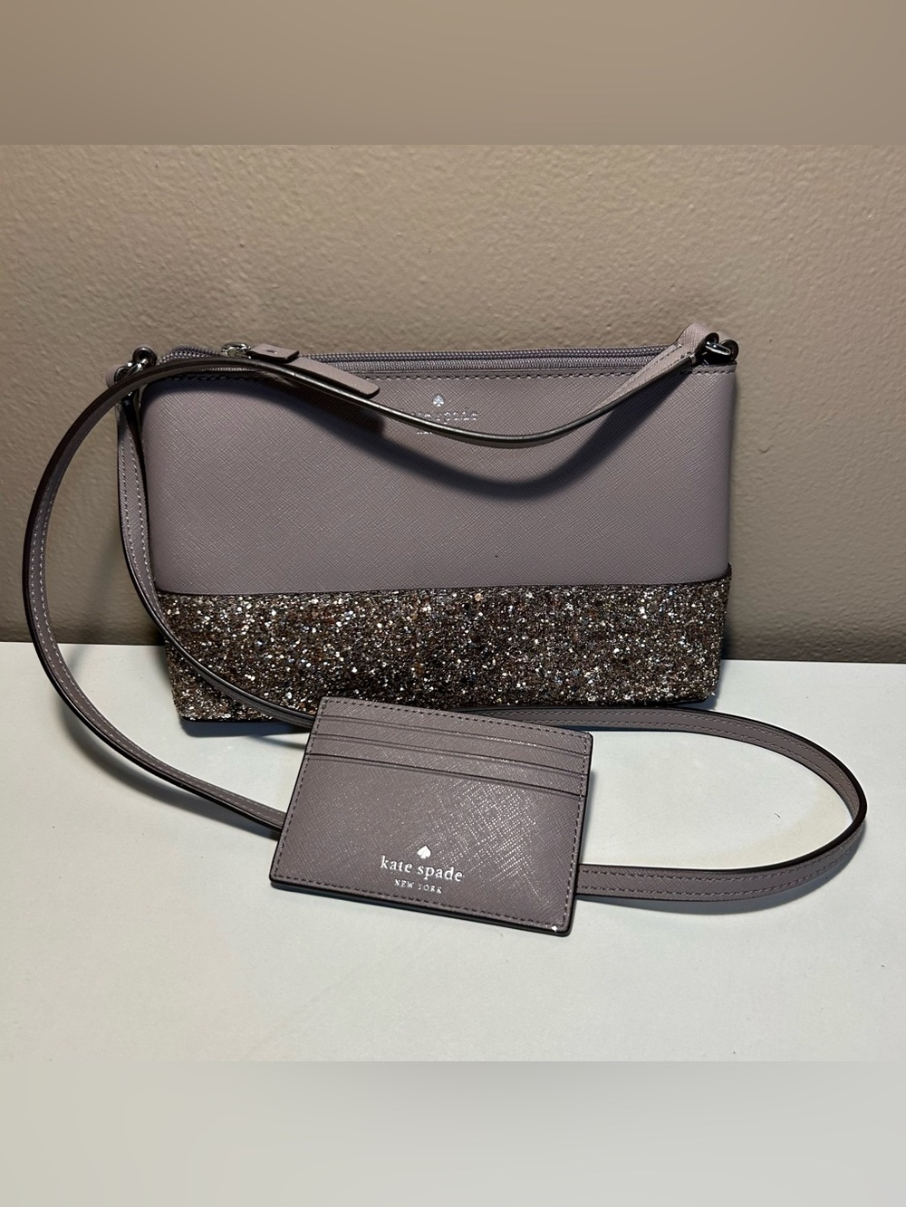 EUC Kate Spade New York Greta Court Glitter Crossbody Bag With Card Holder Grey